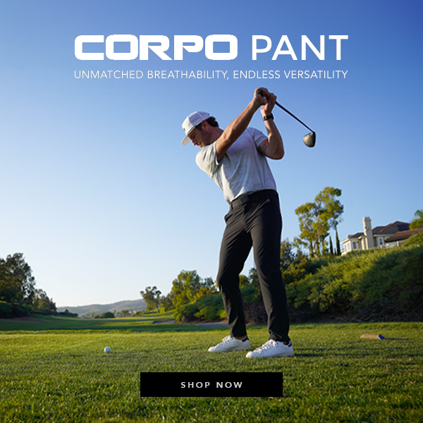 Man golfing while wearing Anetik Corpo Pant lightweight breathable performance pants on a sunny course